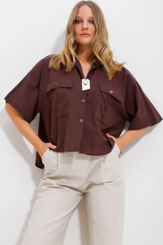 Women Coffee Double Pocket Short Sleeve Linen Shirt ALC-X9991-COFFEE - 2
