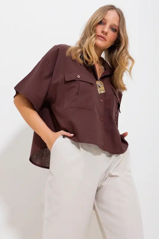 Women Coffee Double Pocket Short Sleeve Linen Shirt ALC-X9991-COFFEE - 3