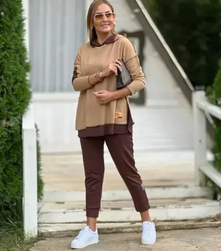 Women Coffee Hooded Skirt Hem Detail Badge Two Piece Set - 1