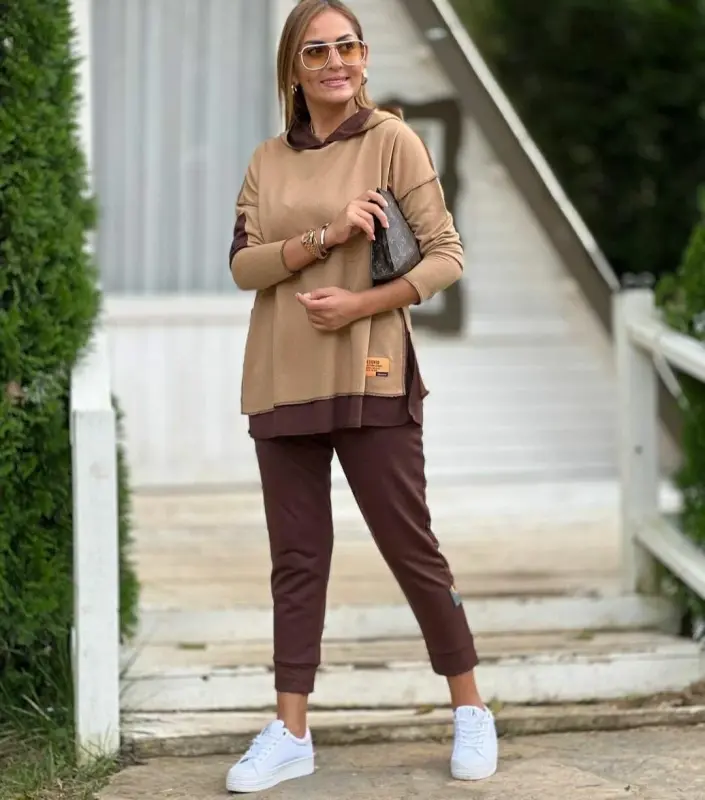 Women Coffee Hooded Skirt Hem Detail Badge Two Piece Set - 1