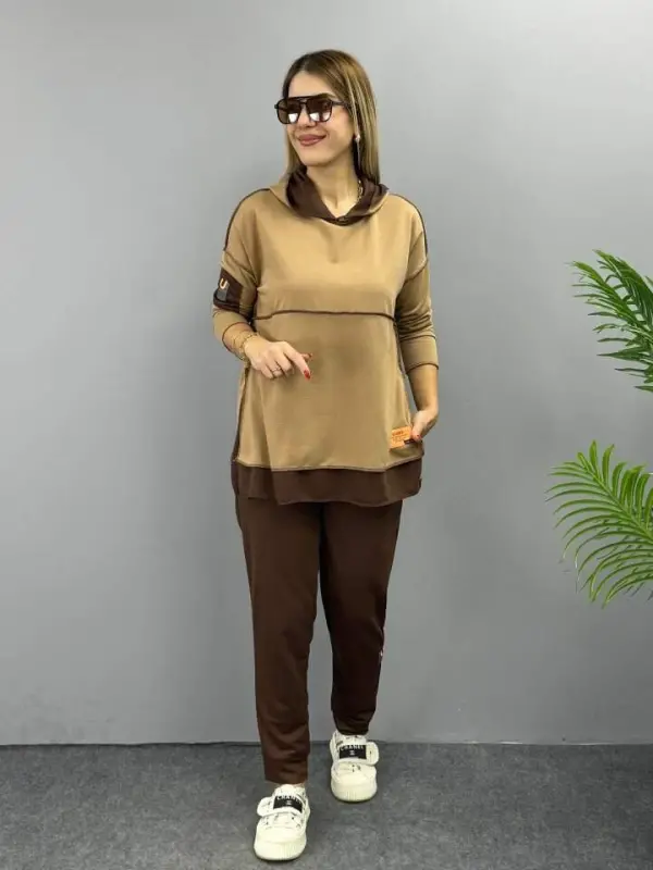Women Coffee Hooded Skirt Hem Detail Badge Two Piece Set - 12