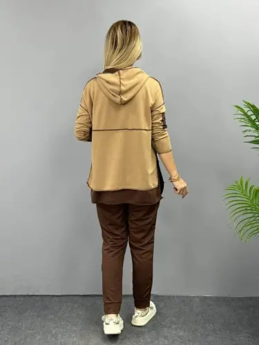 Women Coffee Hooded Skirt Hem Detail Badge Two Piece Set - 14