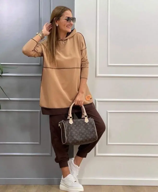 Women Coffee Hooded Skirt Hem Detail Badge Two Piece Set - 3
