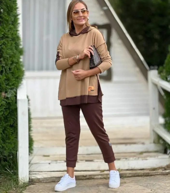 Women Coffee Hooded Skirt Hem Detail Badge Two Piece Set - 1