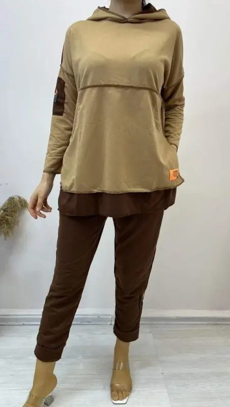 Women Coffee Hooded Skirt Hem Detail Badge Two Piece Set - 4