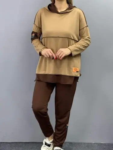 Women Coffee Hooded Skirt Hem Detail Badge Two Piece Set - 8