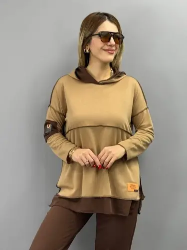 Women Coffee Hooded Skirt Hem Detail Badge Two Piece Set - 6