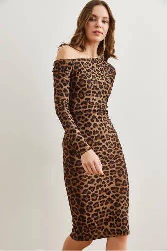 Women Coffee Leopard Boat Neck Knit Mini Dress ELB - 5