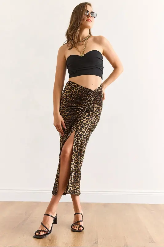 Women Coffee Leopard One Side Slit Gather Detail - 1