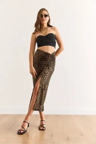 Women Coffee Leopard One Side Slit Gather Detail - 3