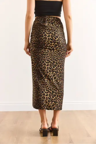 Women Coffee Leopard One Side Slit Gather Detail - 6
