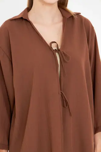 Women Coffee Shirt Collar Lace-up Front Kimono Shirt ARM-25K001006-Coffee - 4