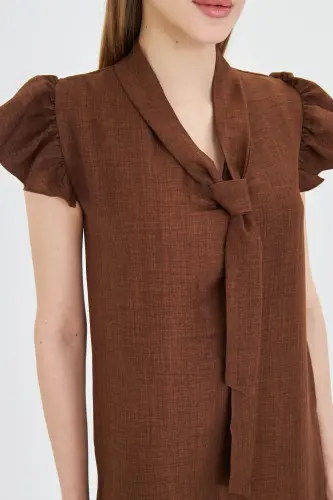 Women Coffee V Neck Ruffled Sleeve Tie Detailed - 3