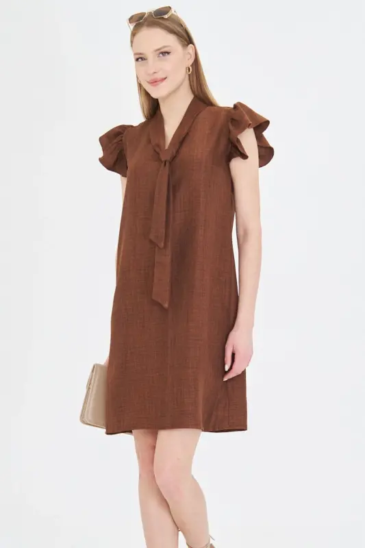 Women Coffee V Neck Ruffled Sleeve Tie Detailed - 5