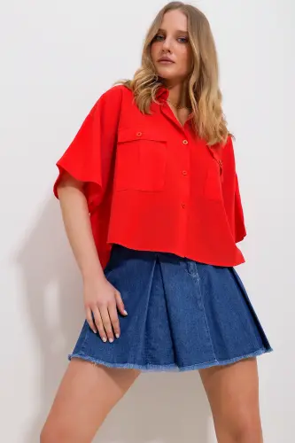 Women Coral Double Pocket Short Sleeve Linen Shirt ALC-X9991-MERCAN 