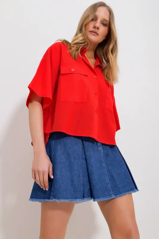 Women Coral Double Pocket Short Sleeve Linen Shirt ALC-X9991-MERCAN - 2