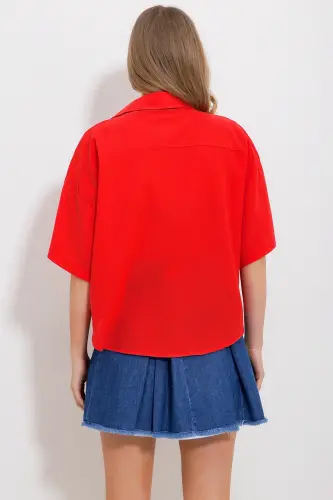 Women Coral Double Pocket Short Sleeve Linen Shirt ALC-X9991-MERCAN - 4