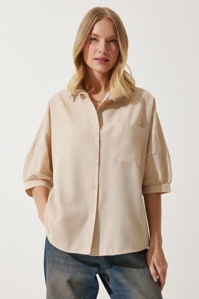 Women Cream Balloon Sleeve Poplin Shirt DD01308 - HAPPINESS İSTANBUL