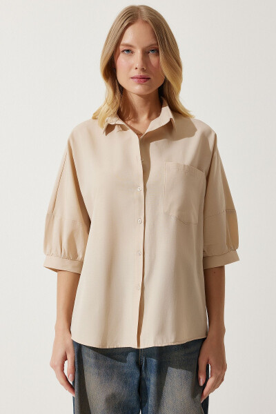 Women Cream Balloon Sleeve Poplin Shirt DD01308 - HAPPINESS İSTANBUL (1)