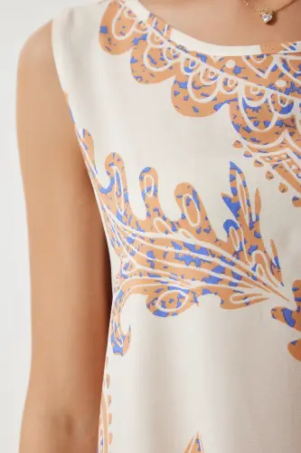 Women Cream Peach Patterned Linen Viscose Mini Dress BH00343-Cream Peach - 4