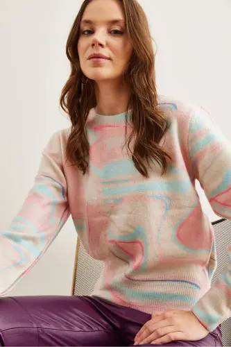 Women Cream Pink Crew Neck Patterned Soft Texture Premium Knitwear Sweater KZK-19000611-Cream Pink - OLALOOK (1)