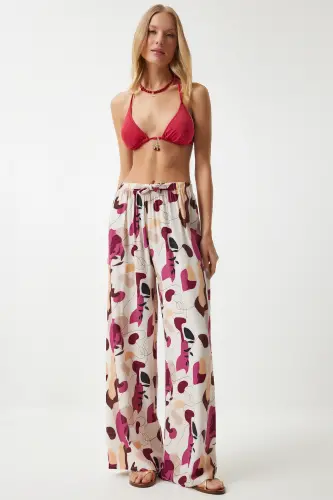 Women Cream Plum Patterned Flowing Viscose Palazzo Pants EN00606-Cream Plum - 1