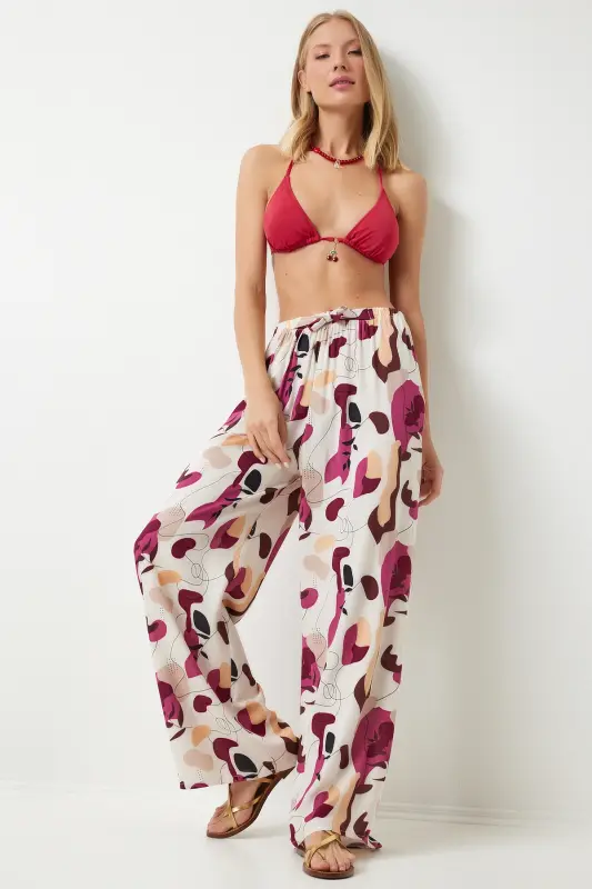 Women Cream Plum Patterned Flowing Viscose Palazzo Pants EN00606-Cream Plum - 3
