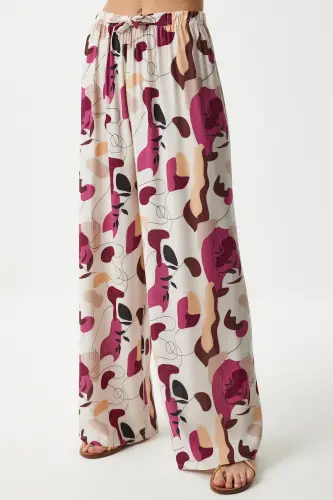 Women Cream Plum Patterned Flowing Viscose Palazzo Pants EN00606-Cream Plum - 4