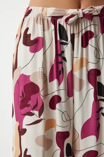Women Cream Plum Patterned Flowing Viscose Palazzo Pants EN00606-Cream Plum - 5