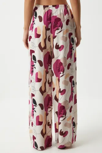 Women Cream Plum Patterned Flowing Viscose Palazzo Pants EN00606-Cream Plum - 6