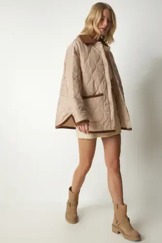 Women Cream Polo Collar Pocketed Quilted Jacket DZ00096-Cream - 1