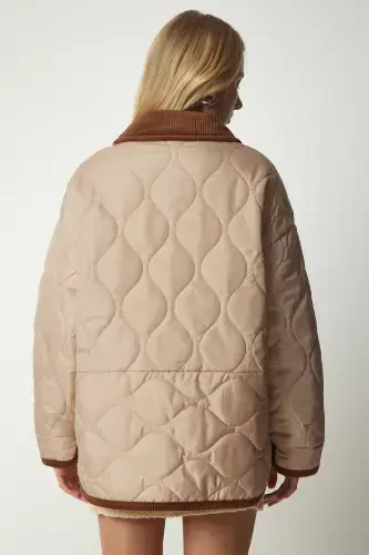 Women Cream Polo Collar Pocketed Quilted Jacket DZ00096-Cream - 6