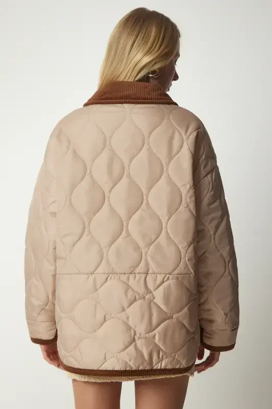 Women Cream Polo Collar Pocketed Quilted Jacket DZ00096-Cream - 6