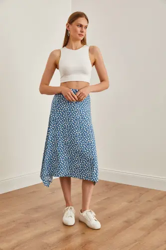 Women Daisy Indigo Asymmetric Patterned Skirt ETK-19 - 3