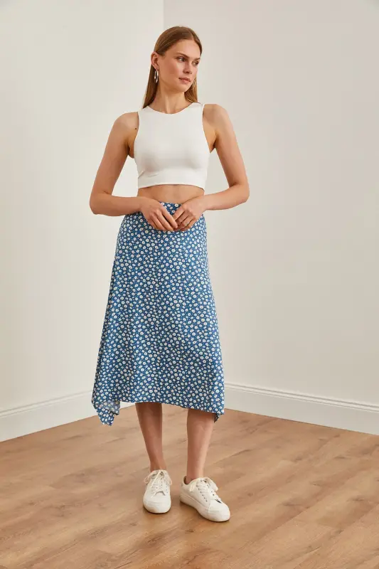 Women Daisy Indigo Asymmetric Patterned Skirt ETK-19 - 3