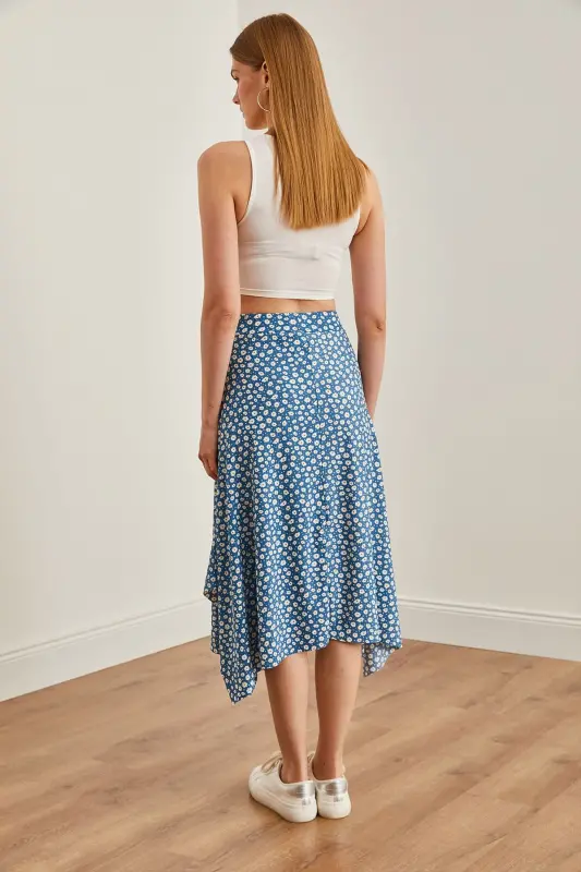 Women Daisy Indigo Asymmetric Patterned Skirt ETK-19 - 6