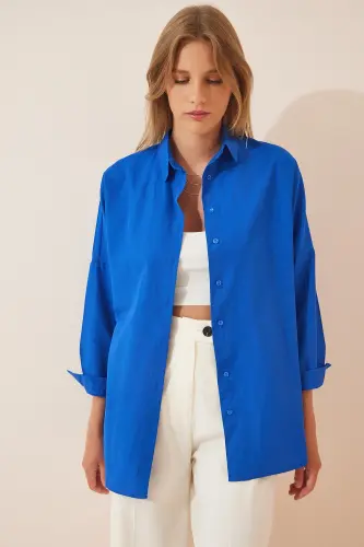 Women Dark Blue Oversize Long Basic Shirt DD00842 - Dark Blue - HAPPINESS İSTANBUL (1)