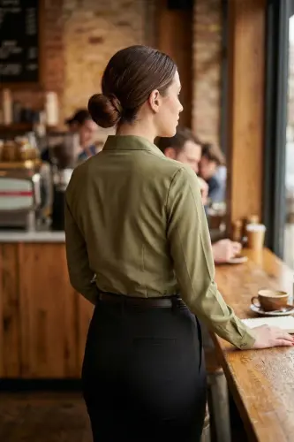 Women Dark Khaki Long Sleeve Plain Shirt ARM-18Y001176 - Dark Khaki - 3