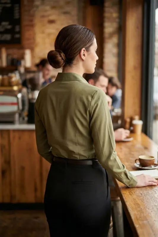 Women Dark Khaki Long Sleeve Plain Shirt ARM-18Y001176 - Dark Khaki - 3