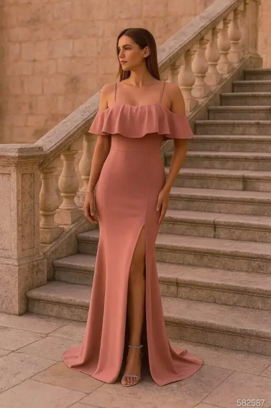 Women Diver Crepe Slit Detailed Strappy Maxi Dress - BÜYÜKBEDENIZ