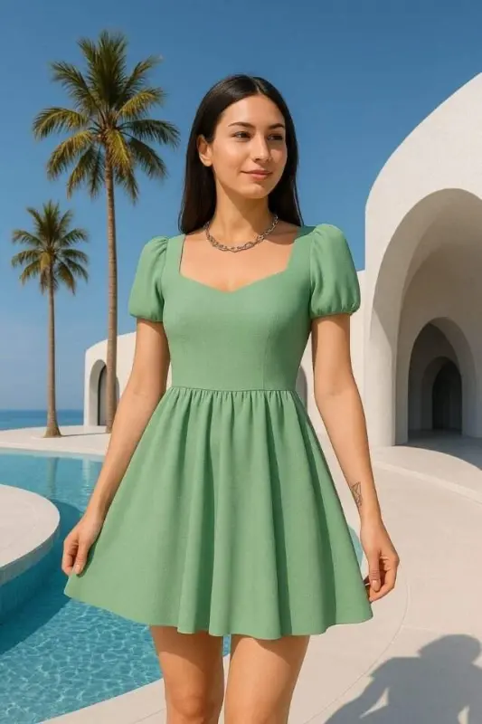 Women Diver Fabric Heart Collar Dress - 2