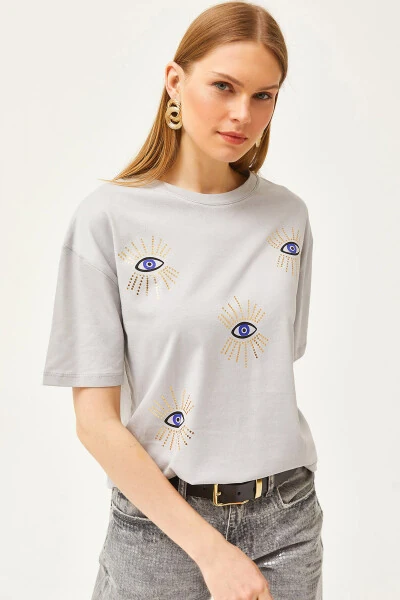 Women Dolphin Grey Eye Print Foil Detail T-Shirt TSH-19000770 - OLALOOK