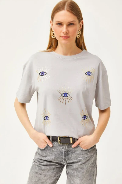 Women Dolphin Grey Eye Print Foil Detail T-Shirt TSH-19000770 - OLALOOK (1)