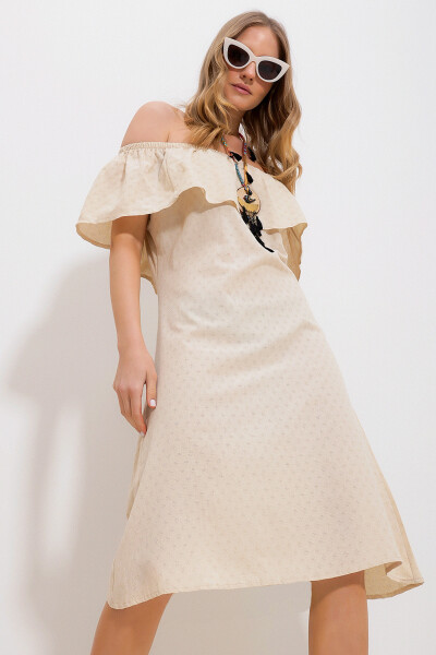 Women Ecru Madonna Neck Self-Patterned Woven Dress ALC-X11810 - TREND ALAÇATI STILI