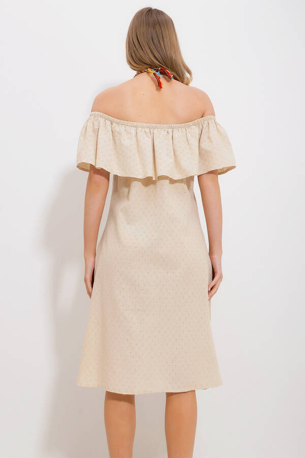 Women Ecru Madonna Neck Self-Patterned Woven Dress ALC-X11810 - 3