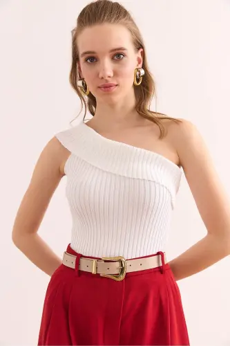Women Ecru One Shoulder Detailed Ribbed Knitted Blouse BLZ - 4