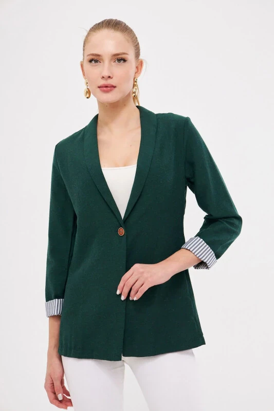 Women Emerald Arm Striped Single Button Jacket ARM-22K001122-Emerald - ARMONIKA