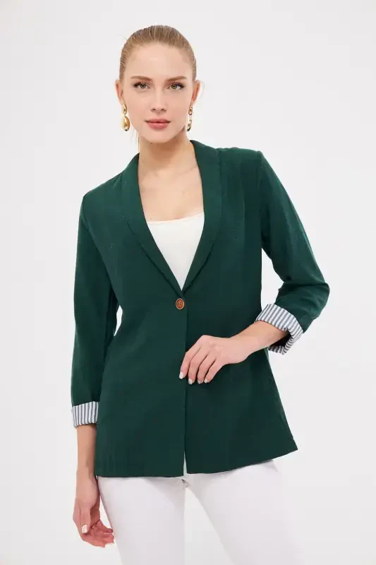 Women Emerald Arm Striped Single Button Jacket ARM-22K001122-Emerald - 2