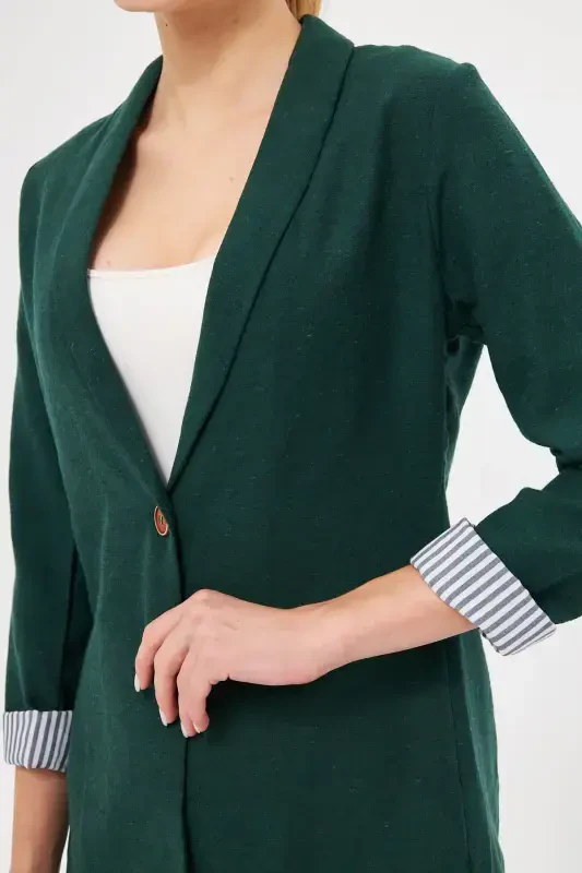 Women Emerald Arm Striped Single Button Jacket ARM-22K001122-Emerald - 3