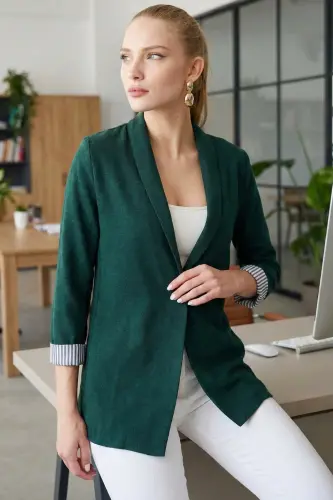 Women Emerald Arm Striped Single Button Jacket ARM-22K001122-Emerald - 6